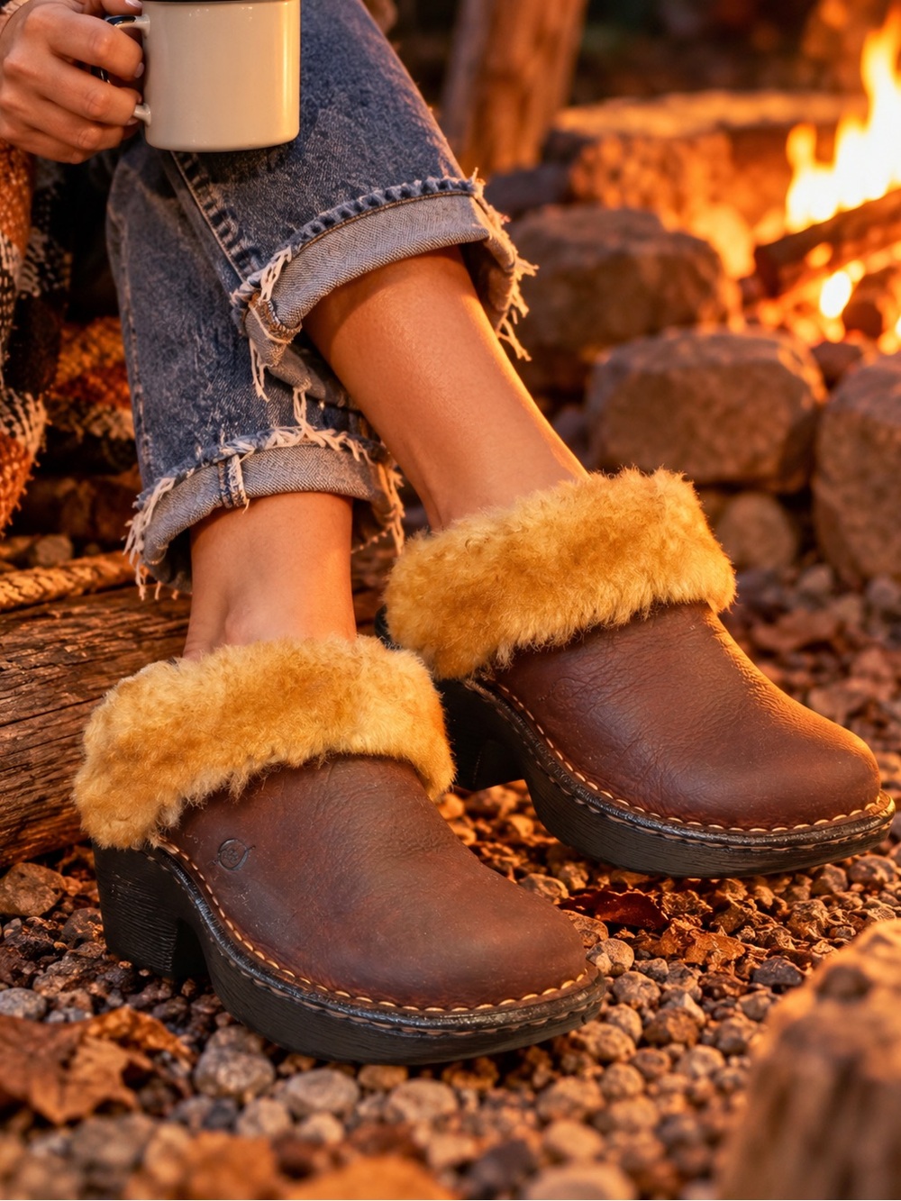 Vintage Born Shearling Trim Leather Wedge Clogs 🤎